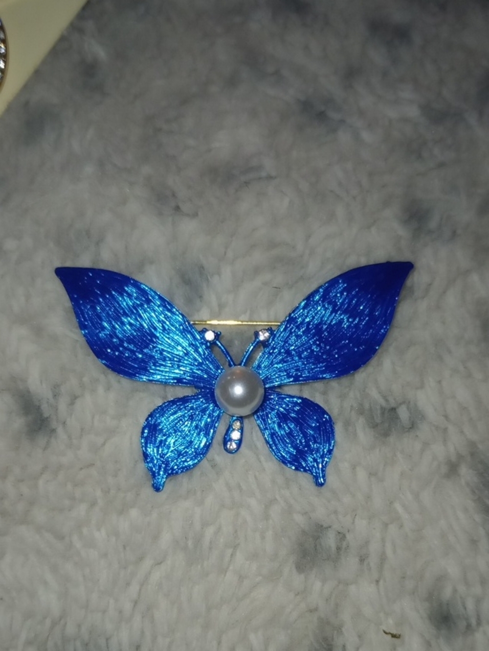 Blue Metallic Butterfly Pearl Accent Brooch